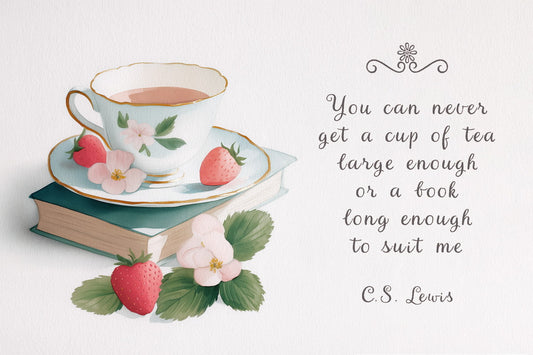 CS Lewis Tea and Book Quote with Strawberries | Coastal Bookish Cottagecore Aesthetic Poster