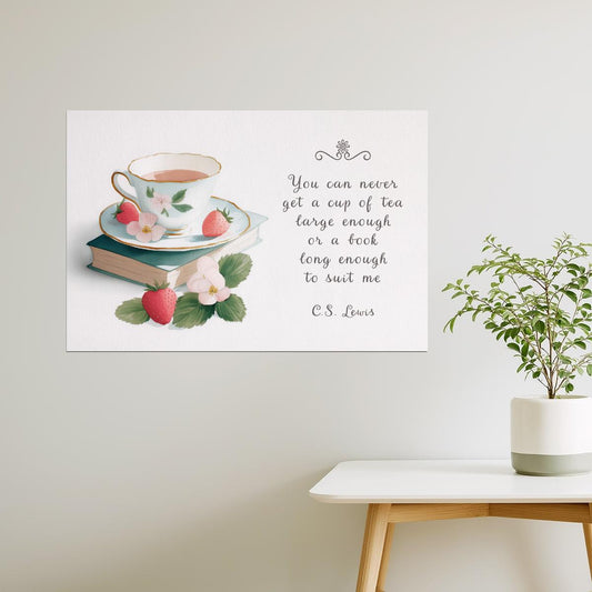 CS Lewis Tea and Book Quote with Strawberries | Coastal Bookish Cottagecore Aesthetic Poster