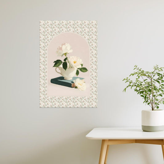 White Roses with Teacup and Book | Coastal Bookish Vintage Aesthetic Poster
