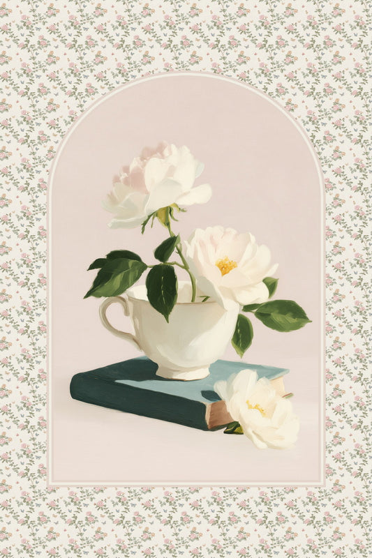 White Roses with Teacup and Book | Coastal Bookish Vintage Aesthetic Poster