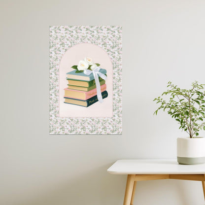 Stack of Classic Books with White Roses | Bookish Vintage Aesthetic Poster