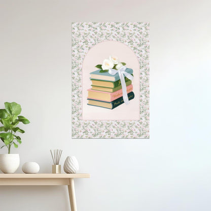 Stack of Classic Books with White Roses | Bookish Vintage Aesthetic Poster