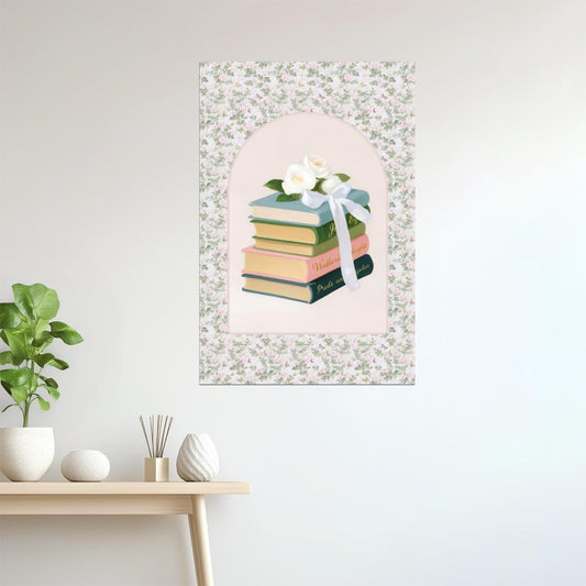 Stack of Classic Books with White Roses | Bookish Vintage Aesthetic Poster