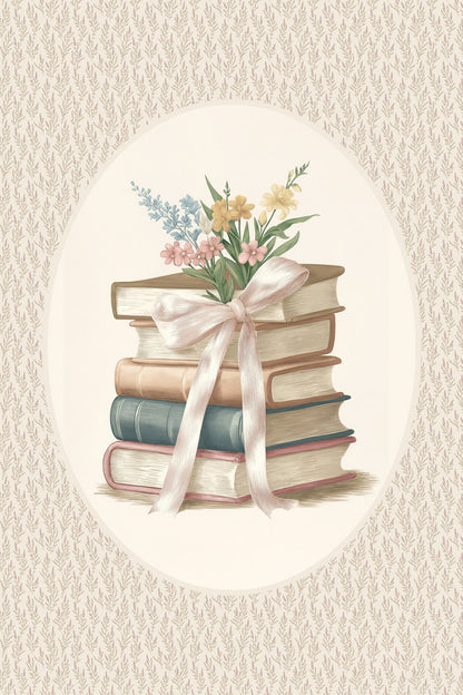 Vintage Book Stack with Wildflowers and Ribbon | Bookish Floral Aesthetic Poster