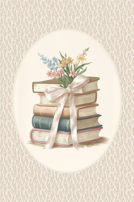 Vintage Book Stack with Wildflowers and Ribbon | Bookish Floral Aesthetic Poster