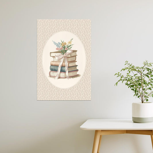 Vintage Book Stack with Wildflowers and Ribbon | Bookish Floral Aesthetic Poster