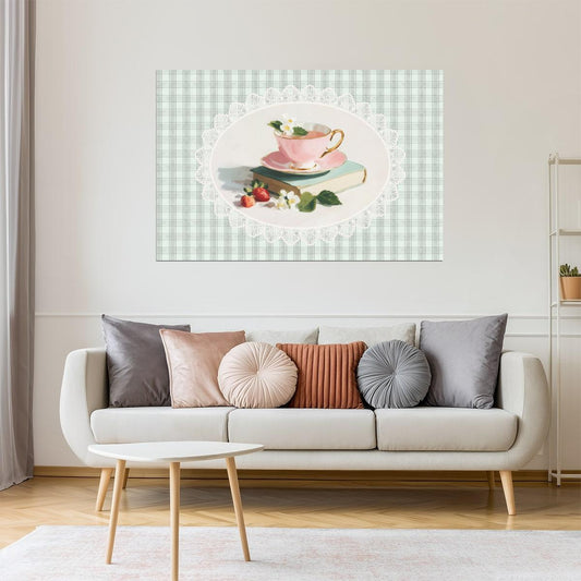 Pink Teacup with Strawberries on Gingham | Coastal Bookish Cottagecore Aesthetic Poster