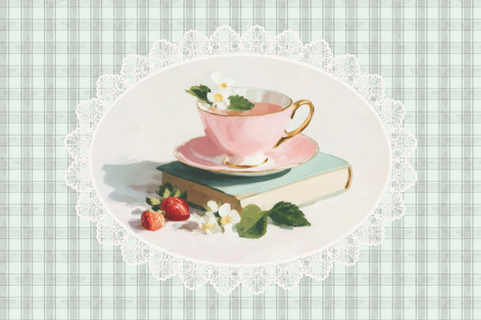 Pink Teacup with Strawberries on Gingham | Coastal Bookish Cottagecore Aesthetic Poster
