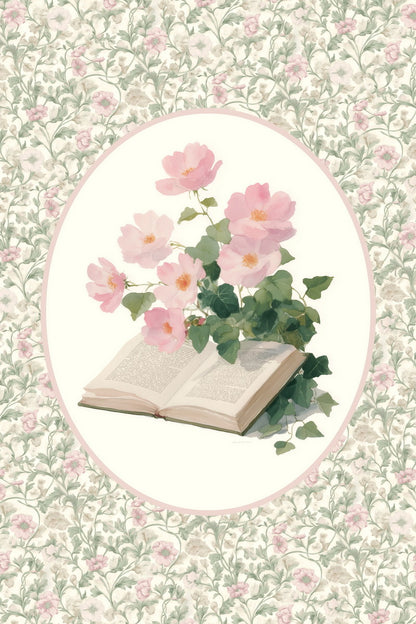 Open Book with Pink Flowers | Bookish Vintage Floral Aesthetic Poster
