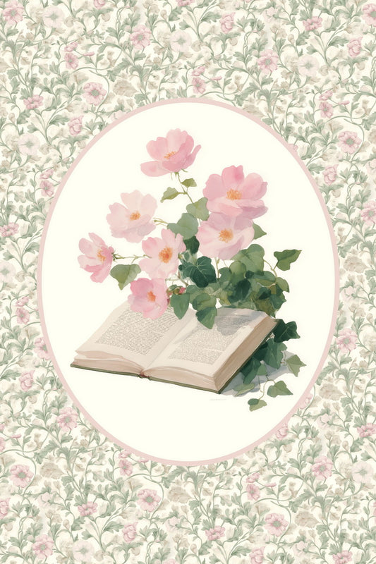 Open Book with Pink Flowers | Bookish Vintage Floral Aesthetic Poster