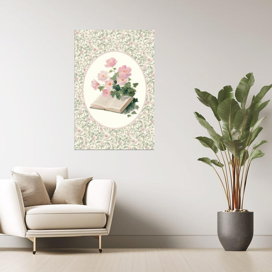 Open Book with Pink Flowers | Bookish Vintage Floral Aesthetic Poster