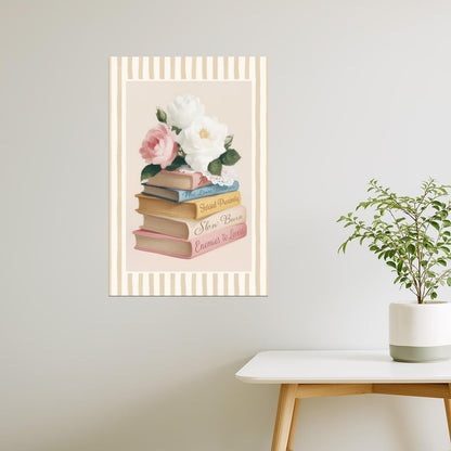 Romance Tropes Book Stack with Roses | Bookish Romantic Aesthetic Poster
