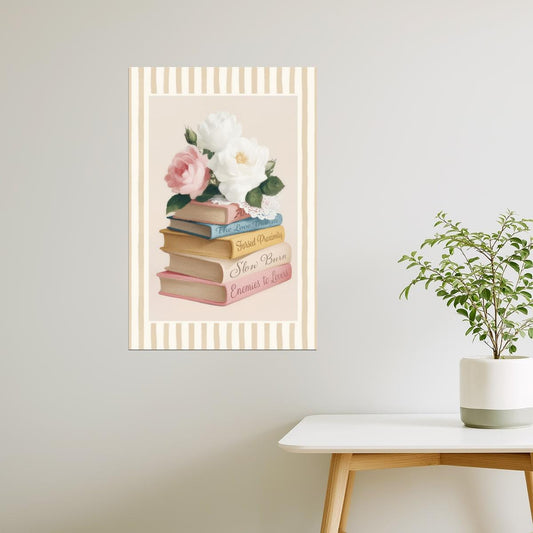 Romance Tropes Book Stack with Roses | Bookish Romantic Aesthetic Poster