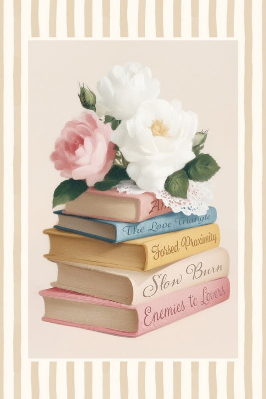 Romance Tropes Book Stack with Roses | Bookish Romantic Aesthetic Poster