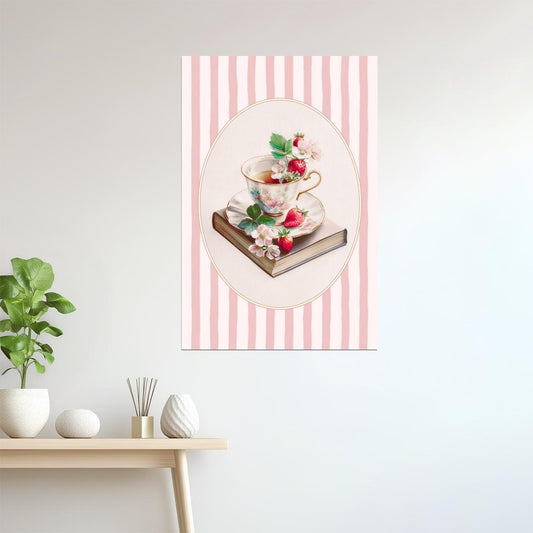 Book with Strawberries and Teacup | Coastal Bookish Cottagecore Aesthetic Poster