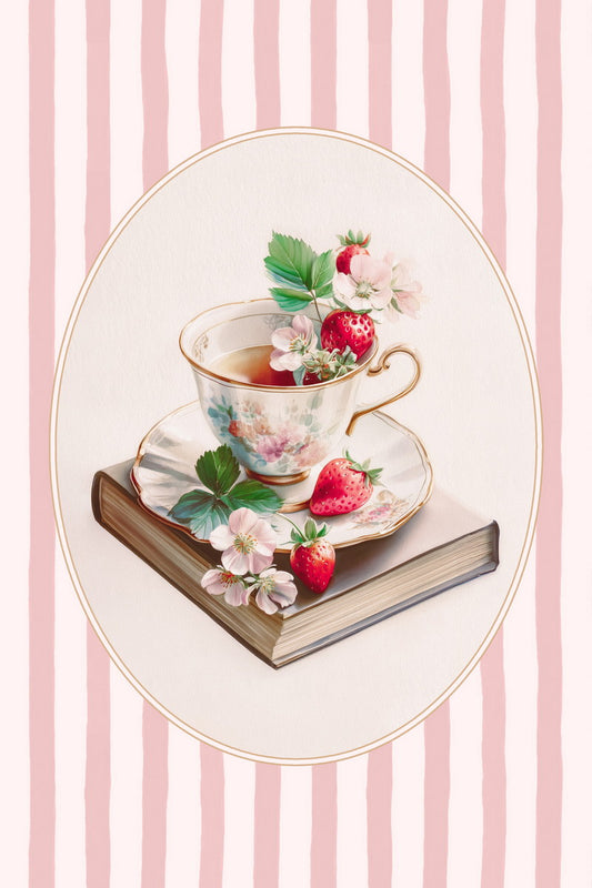 Book with Strawberries and Teacup | Coastal Bookish Cottagecore Aesthetic Poster