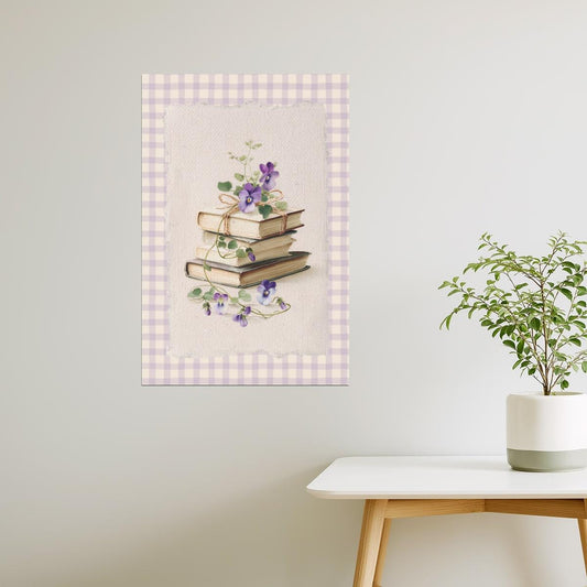 Vintage Book Stack with Violets on Gingham | Bookish Floral Aesthetic Poster
