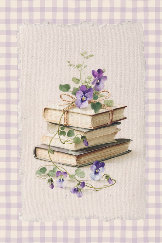 Vintage Book Stack with Violets on Gingham | Bookish Floral Aesthetic Poster