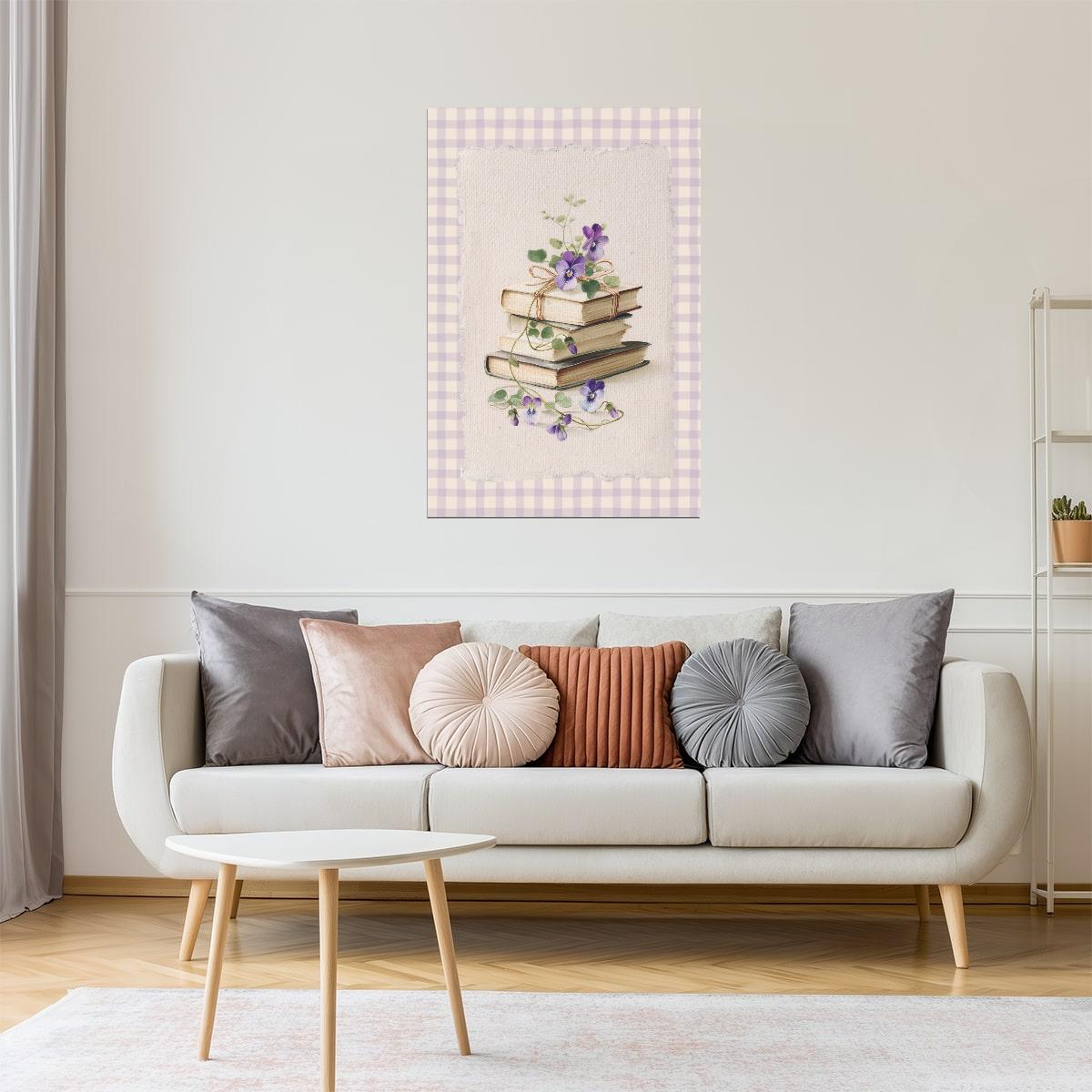 Vintage Book Stack with Violets on Gingham | Bookish Floral Aesthetic Poster