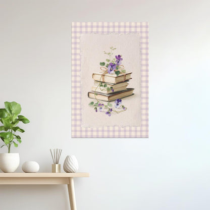 Vintage Book Stack with Violets on Gingham | Bookish Floral Aesthetic Poster