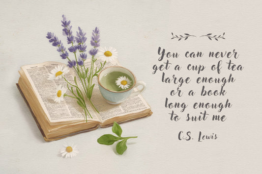 CS Lewis Tea and Book Quote | Bookish Floral Aesthetic Poster