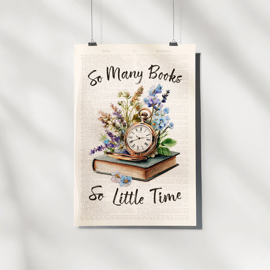 So Many Books So Little Time with Vintage Clock | Bookish Floral Aesthetic Poster