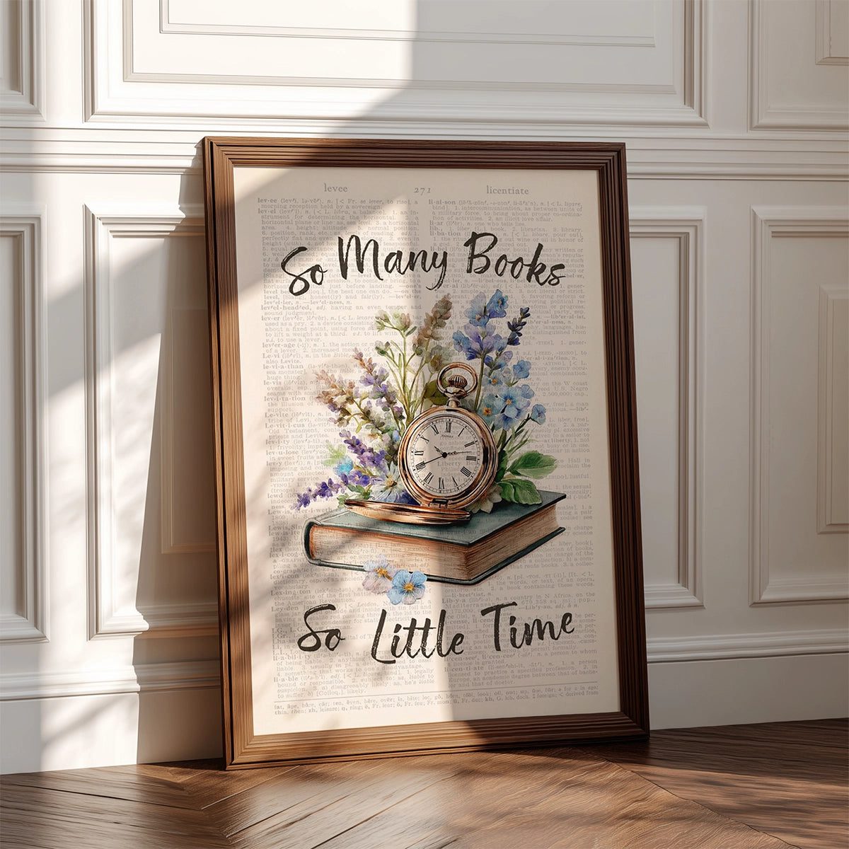 So Many Books So Little Time with Vintage Clock | Bookish Floral Aesthetic Poster