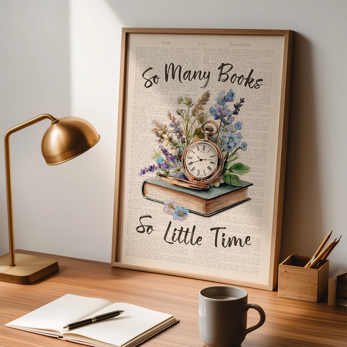 So Many Books So Little Time with Vintage Clock | Bookish Floral Aesthetic Poster