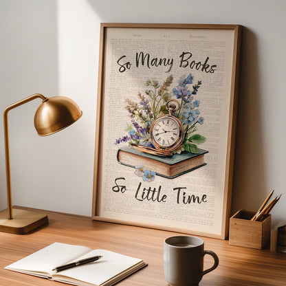 So Many Books So Little Time with Vintage Clock | Bookish Floral Aesthetic Poster