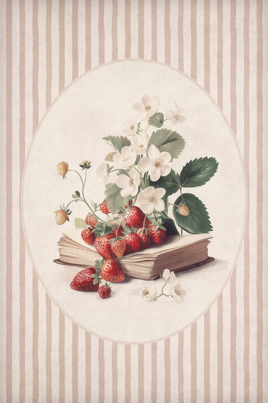 Vintage Strawberries with Books | Bookish Floral Aesthetic Poster