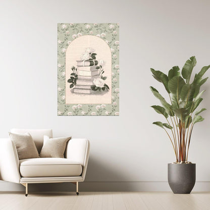 Vintage Book Stack with Roses | Bookish Romantic Aesthetic Poster