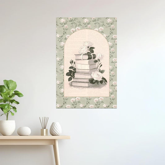 Vintage Book Stack with Roses | Bookish Romantic Aesthetic Poster