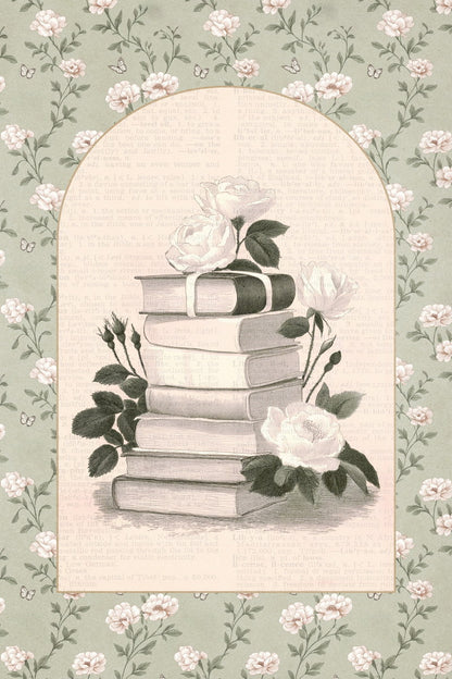 Vintage Book Stack with Roses | Bookish Romantic Aesthetic Poster