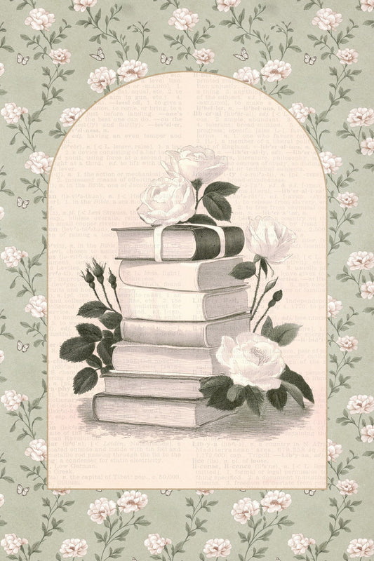Vintage Book Stack with Roses | Bookish Romantic Aesthetic Poster