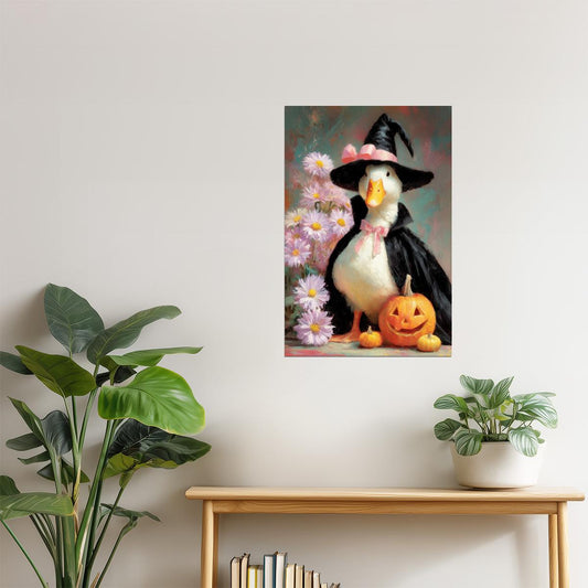 Witchy Goose with Pumpkin and Pink Flowers | Funny Halloween Wall Decor Poster