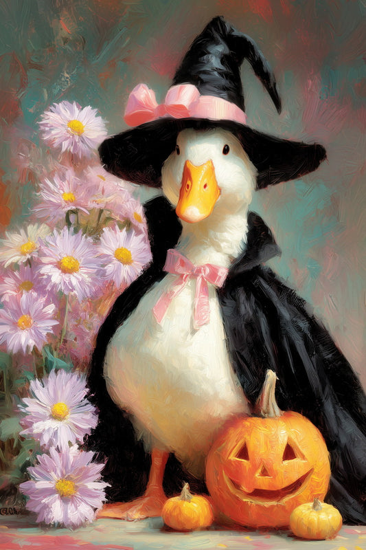 Witchy Goose with Pumpkin and Pink Flowers | Funny Halloween Wall Decor Poster