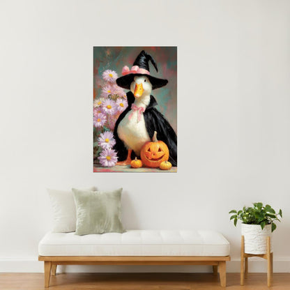 Witchy Goose with Pumpkin and Pink Flowers | Funny Halloween Wall Decor Poster