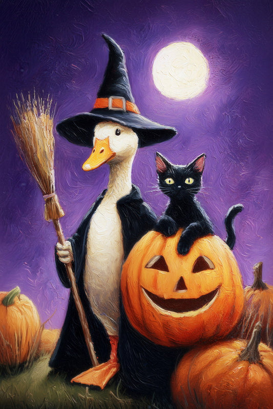 Goose and Cat Pumpkin Night | Whimsical Halloween Wall Print Poster