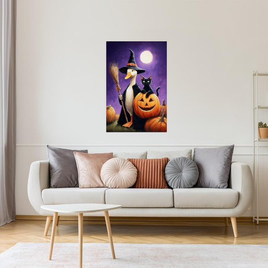 Goose and Cat Pumpkin Night | Whimsical Halloween Wall Print Poster