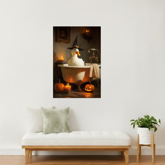 Goose in Witch Hat Bath | Funny Halloween Bathroom Wall Print Poster
