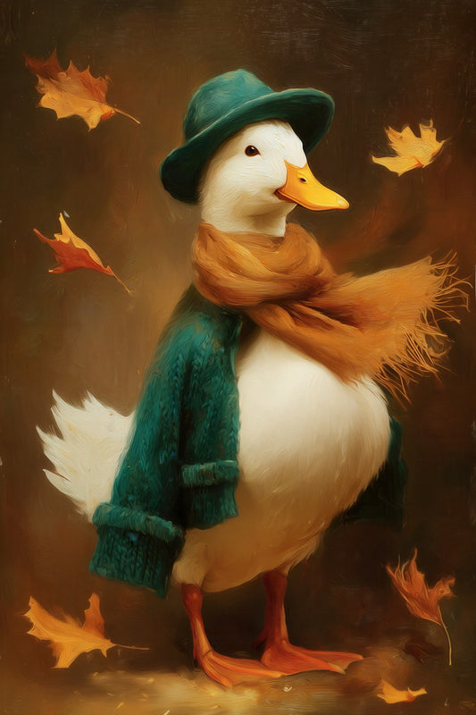 Autumn Goose in Green Coat | Cozy Fall Duck Wall Art Poster