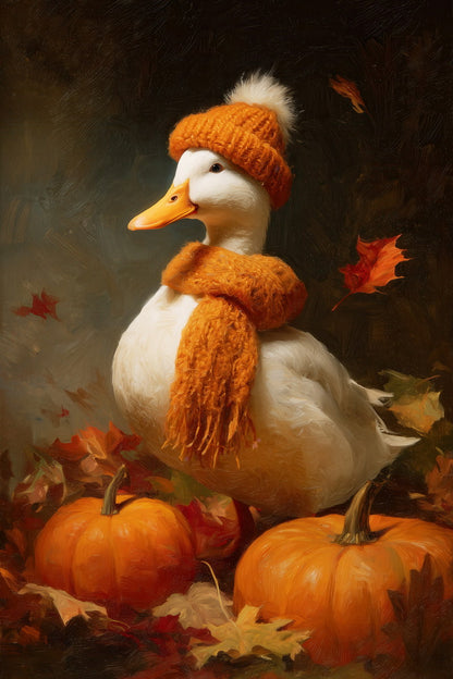 Pumpkin Goose in Orange Hat | Cute Cozy Fall Duck Wall Print Poster