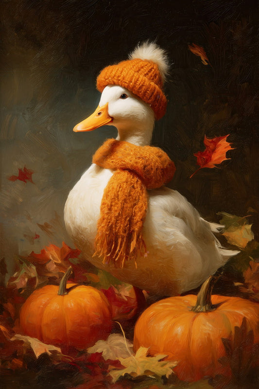 Pumpkin Goose in Orange Hat | Cute Cozy Fall Duck Wall Print Poster