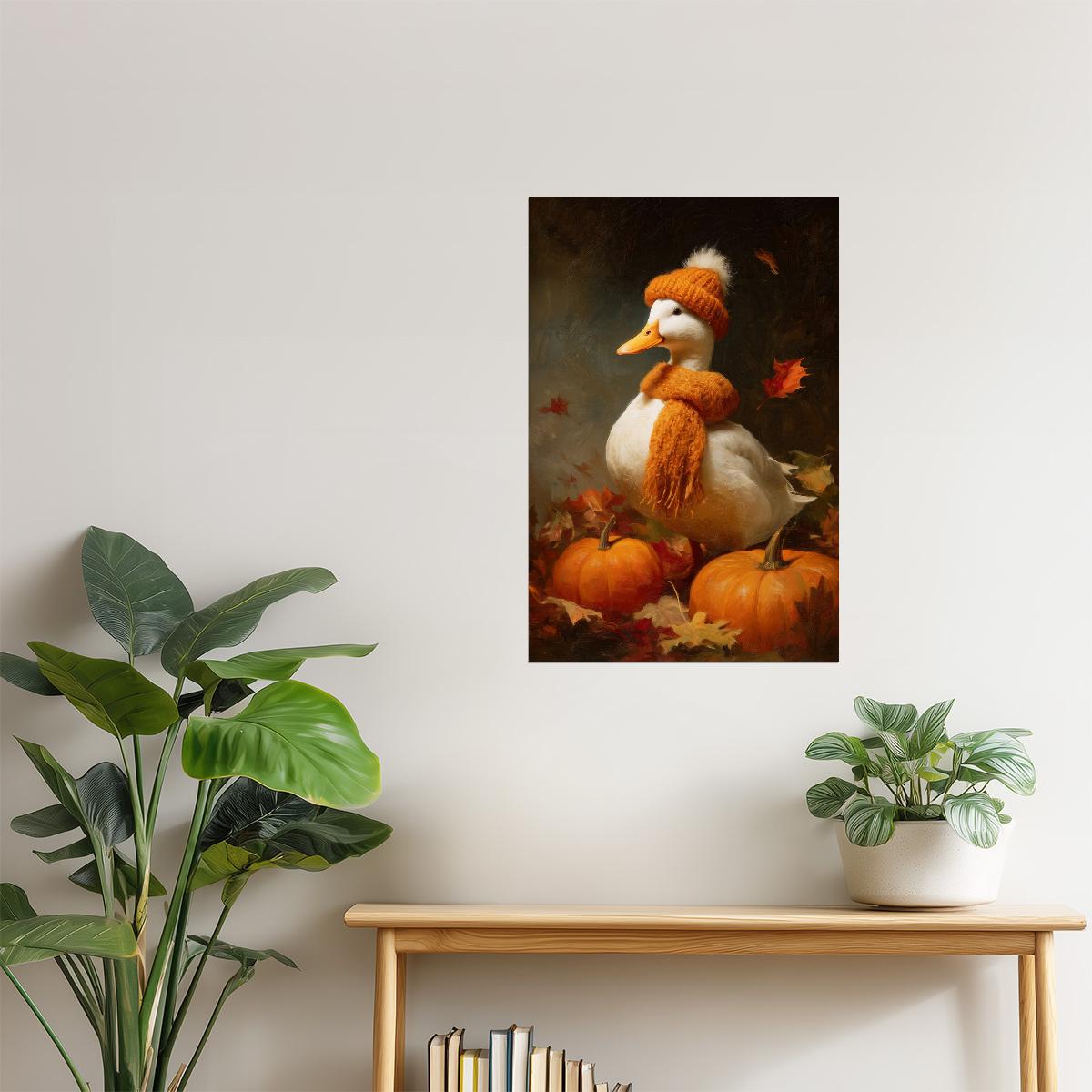 Pumpkin Goose in Orange Hat | Cute Cozy Fall Duck Wall Print Poster