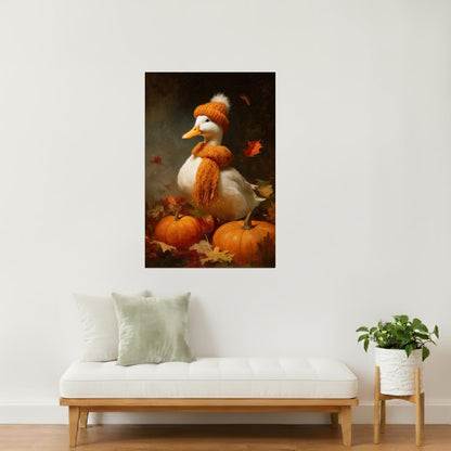 Pumpkin Goose in Orange Hat | Cute Cozy Fall Duck Wall Print Poster
