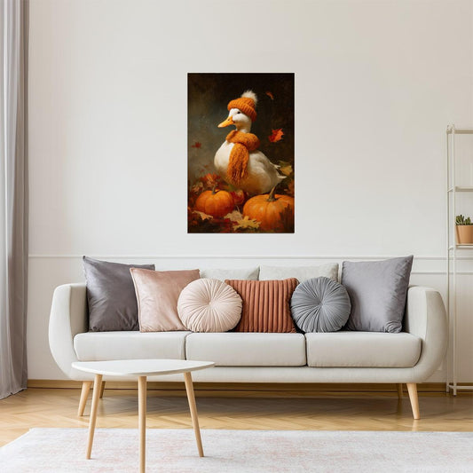 Pumpkin Goose in Orange Hat | Cute Cozy Fall Duck Wall Print Poster