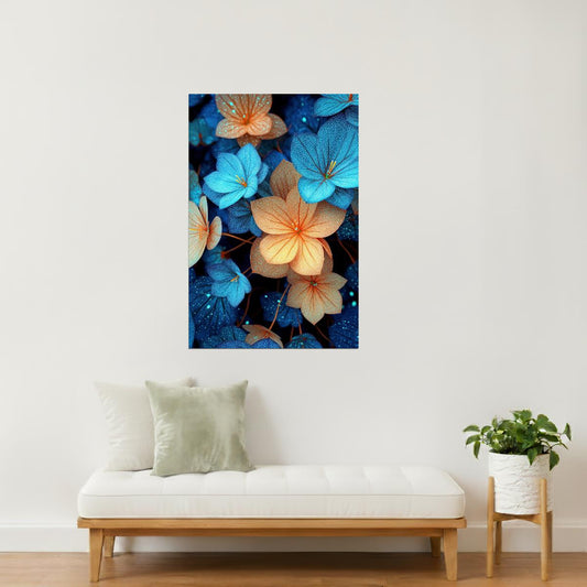 Bioluminescent Blue Orange Flowers | Dreamy Botanical Fantasy | Wall Decor Poster