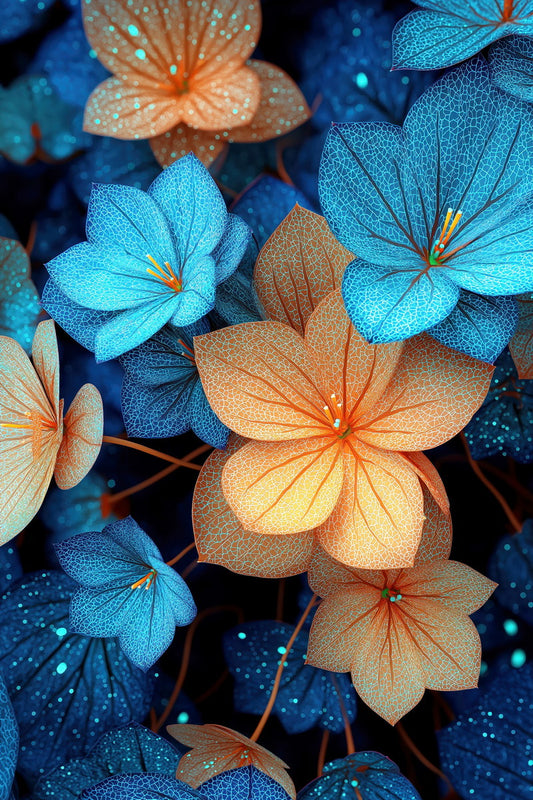 Bioluminescent Blue Orange Flowers | Dreamy Botanical Fantasy | Wall Decor Poster