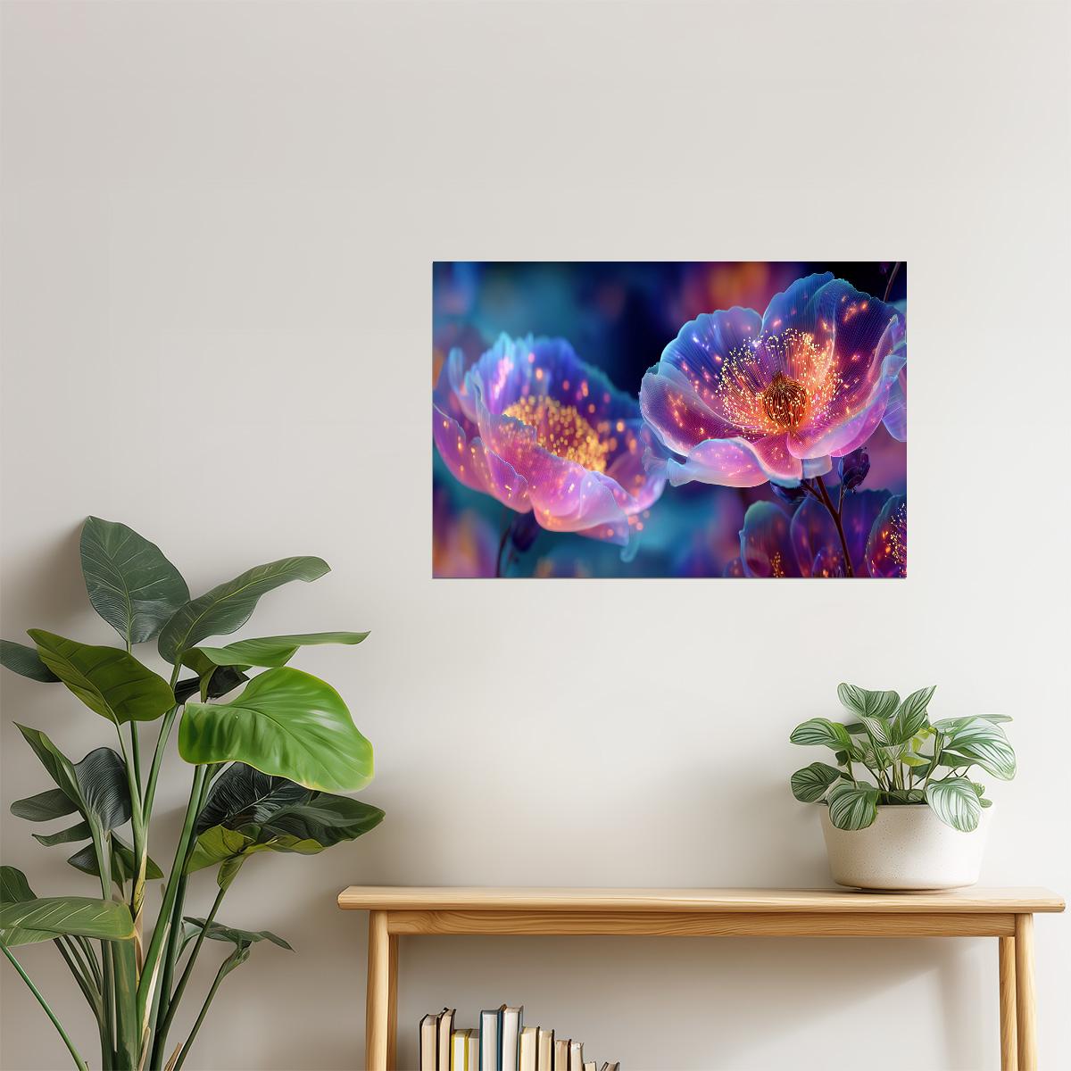 Luminous Pink Fantasy Flowers | Enchanting Aura Core | Wall Decor Poster