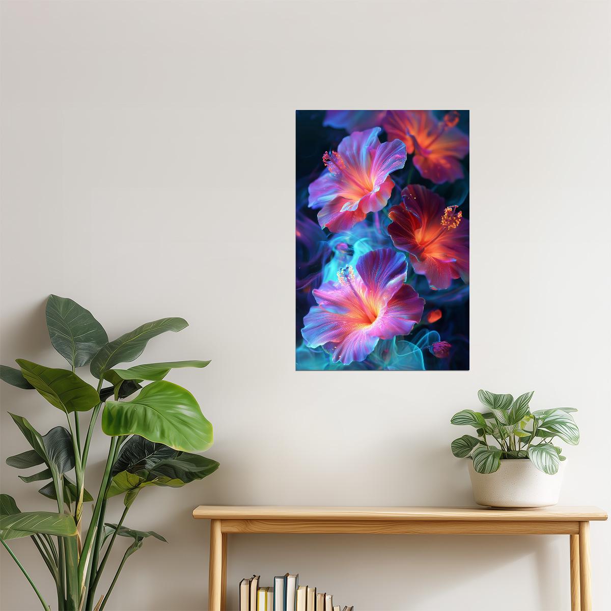 Radiant Hibiscus Blooms | Ethereal Fantasy Art | Wall Art Print Poster